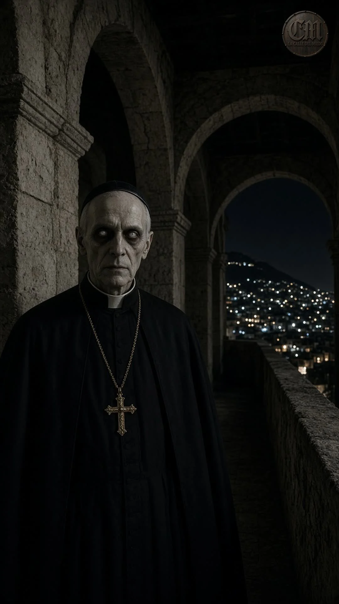 El fantasma del Obispado de frente en el corredor de cantera, de noche
