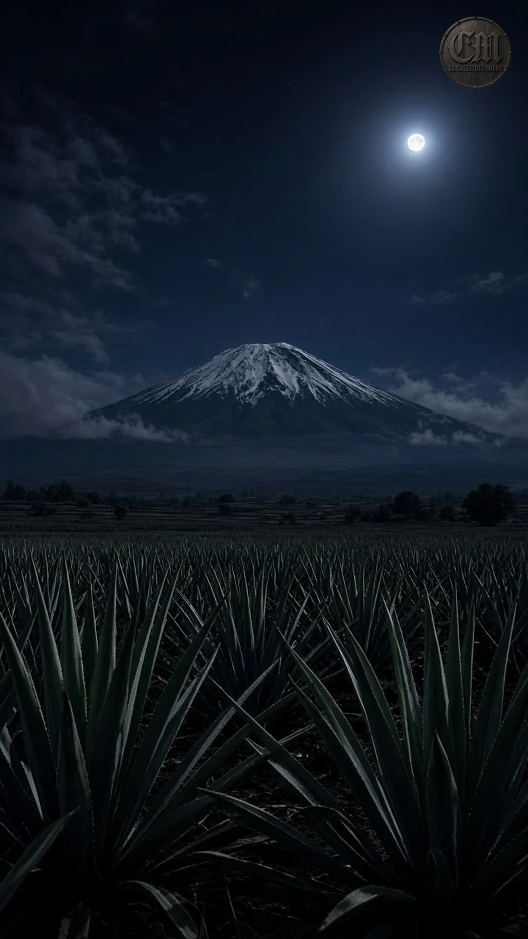 Amecameca entre el Popocatépetl y el Iztaccíhuatl, con el Sacromonte sobre el pueblo y el camino de tierra hacia la falda.