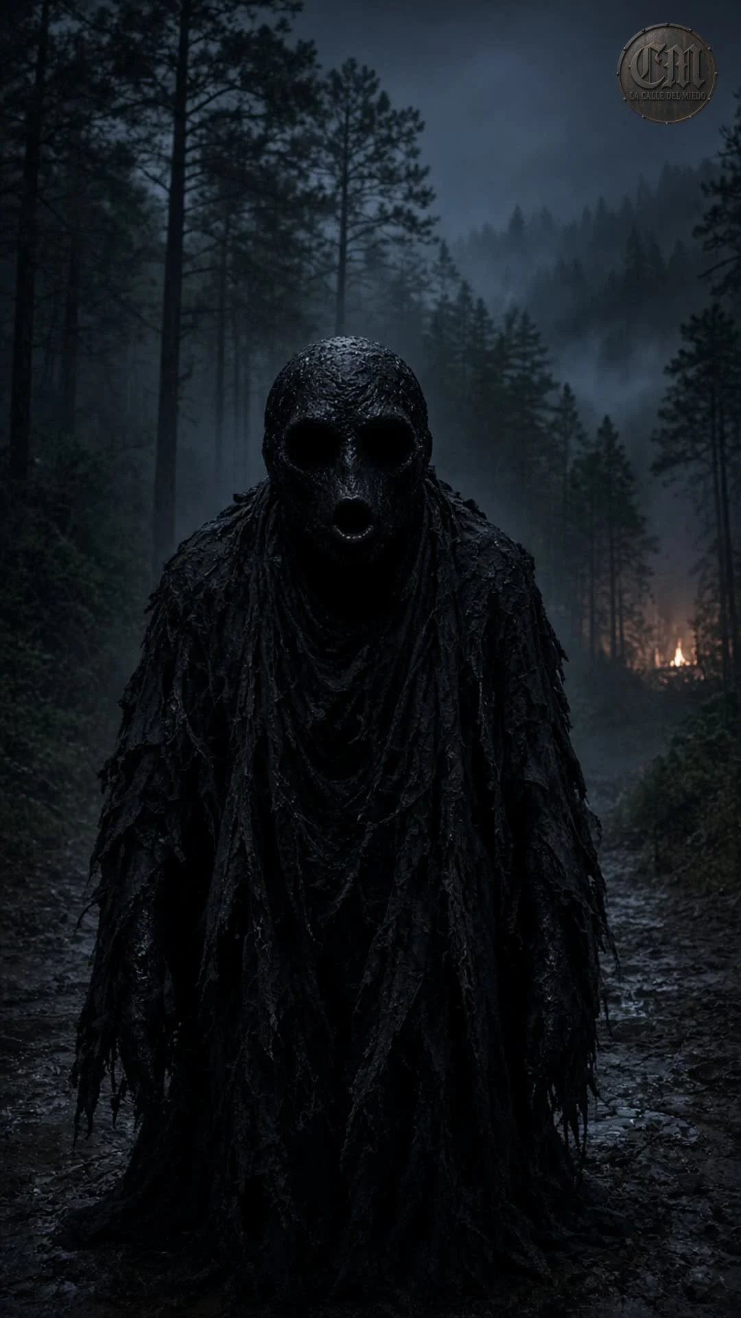 El Pukuj de frente en el camino de monte, de noche