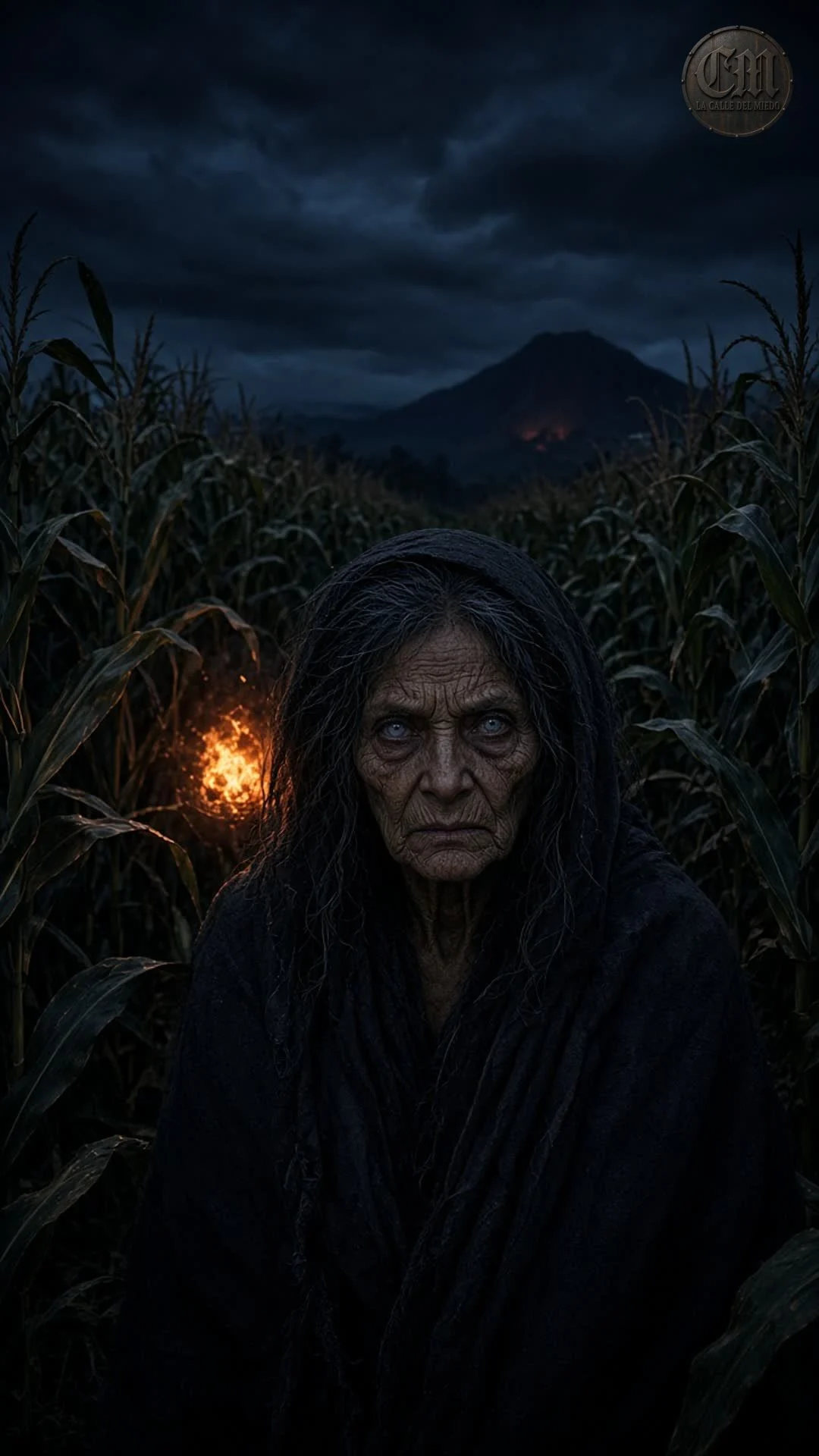 El tlahuelpuchi de frente en la milpa, de noche