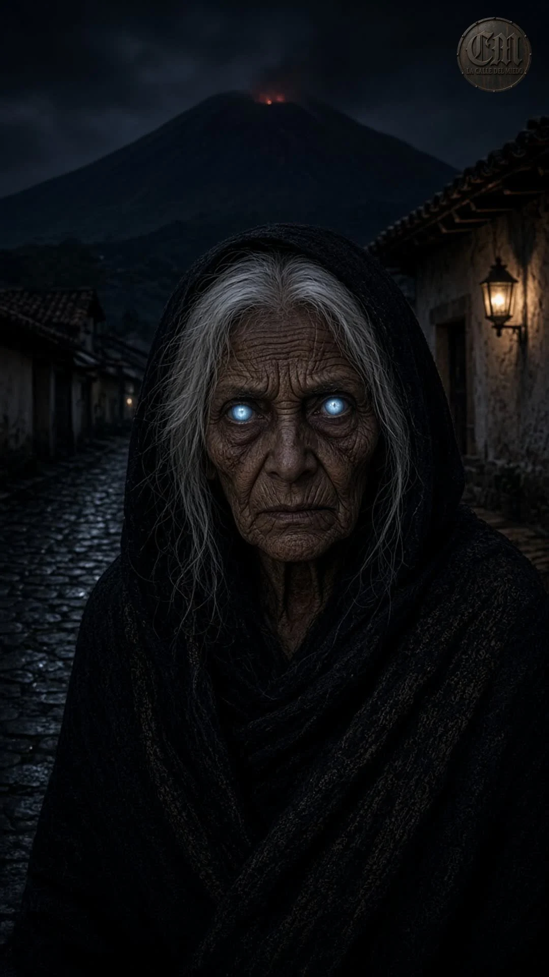 La bruja de Suchitlán de frente en la calle empedrada, de noche