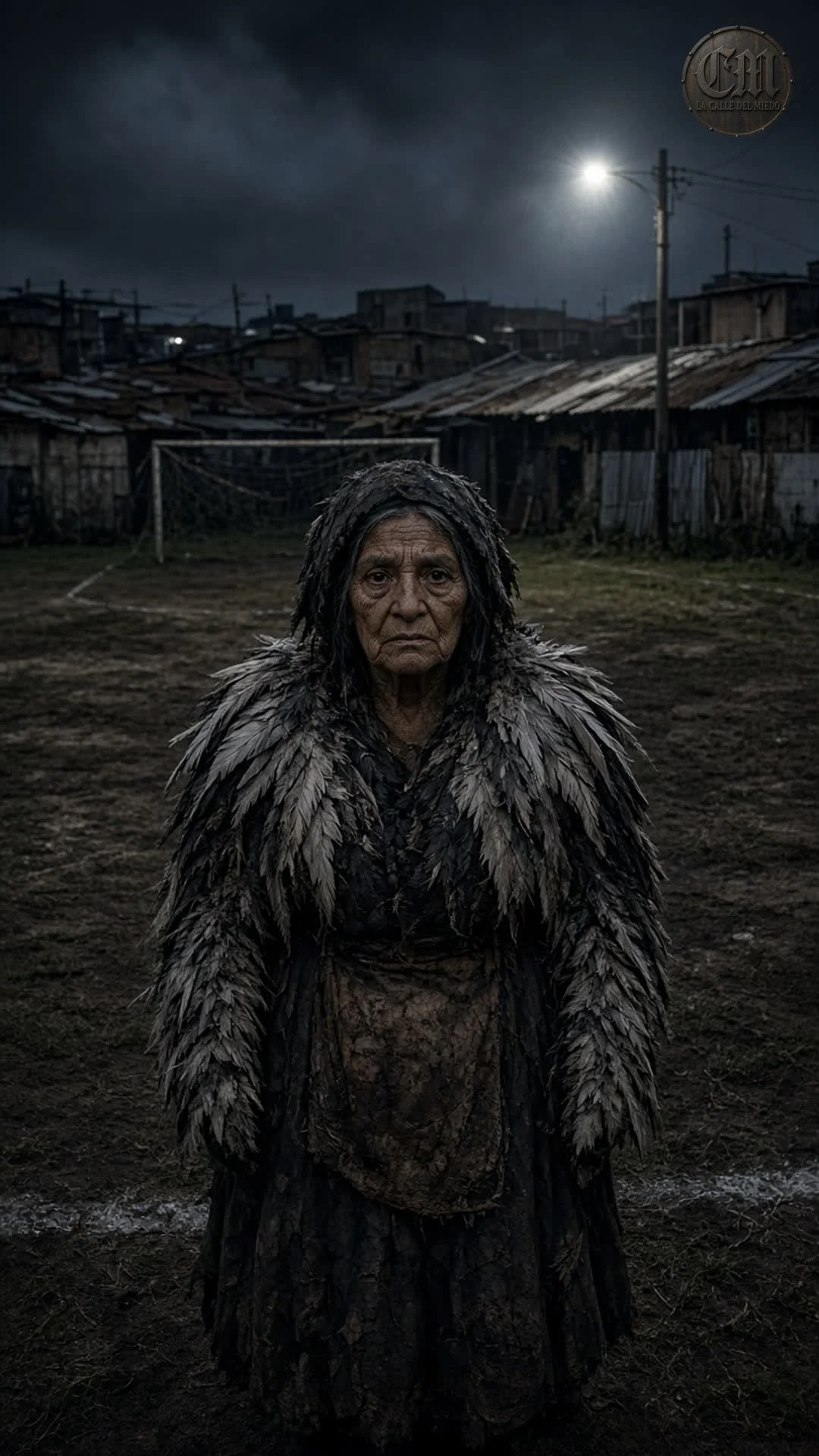 La bruja guajolote de frente en el campo de tierra, de noche