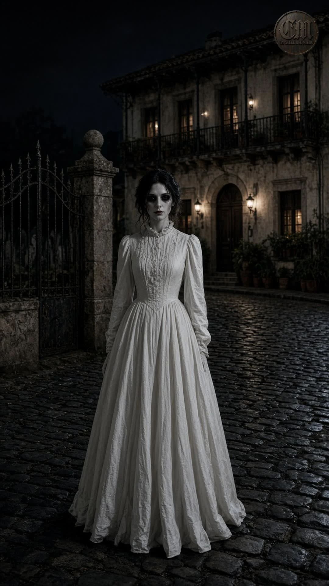 La dama de Álamos de frente frente a la casona, de noche