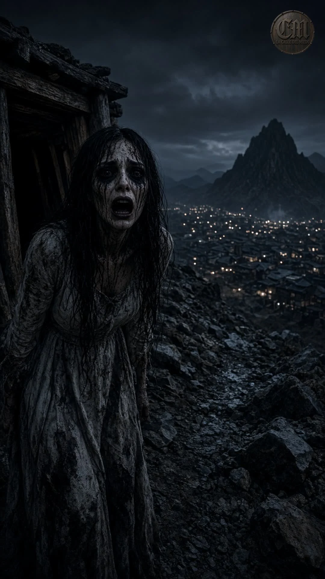 La llorona de La Bufa de frente en la vereda del cerro, de noche