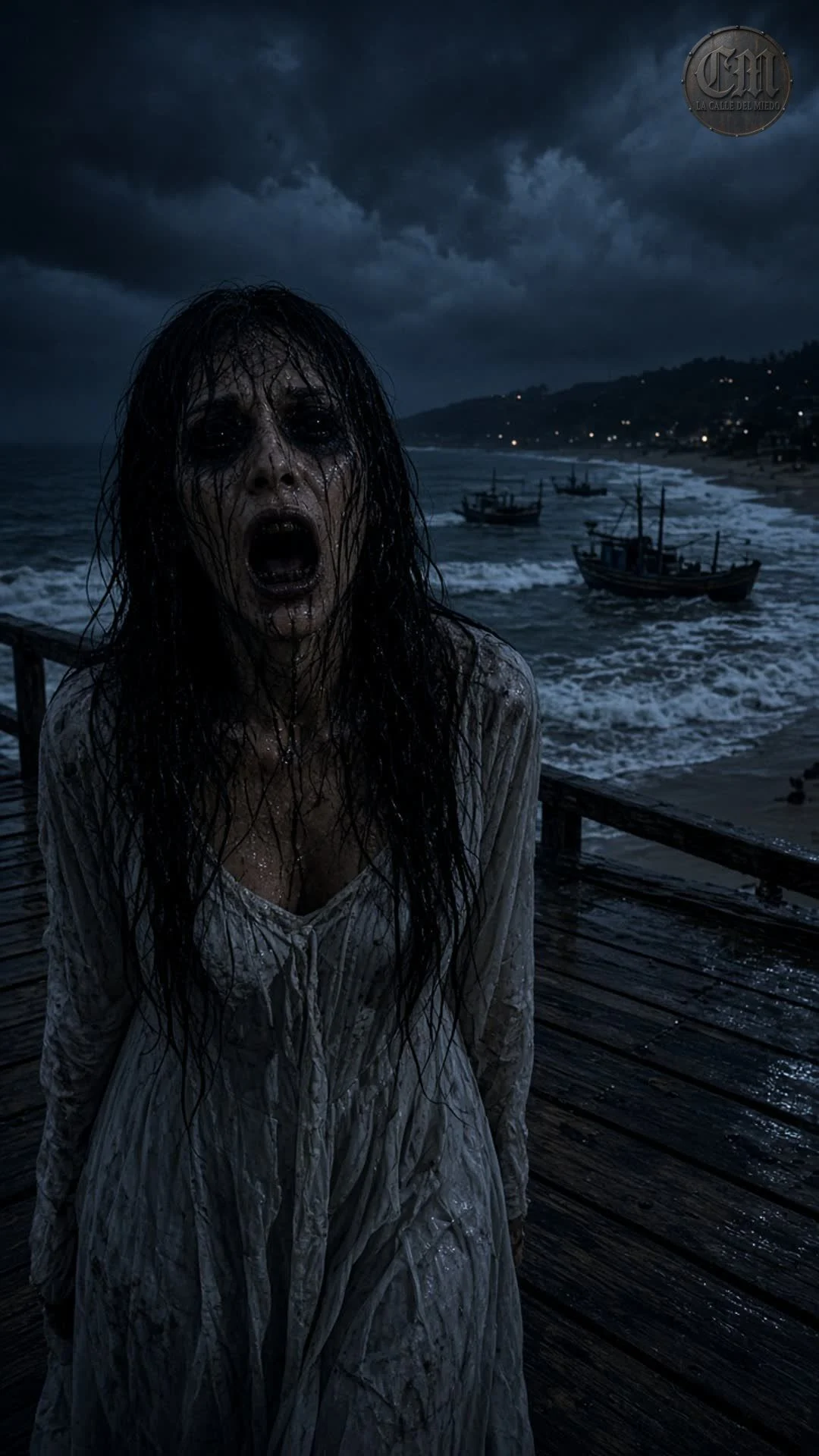 La llorona de San Blas de frente en el muelle, de noche