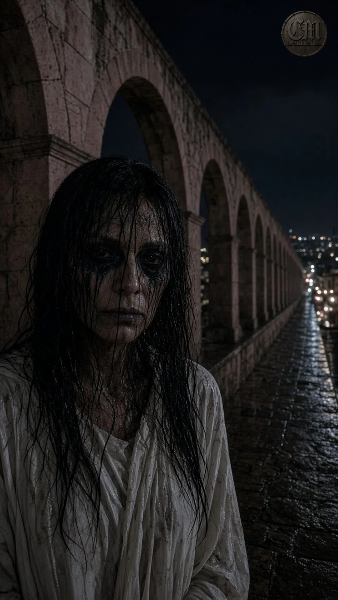 La llorona del acueducto de frente bajo los arcos, de noche