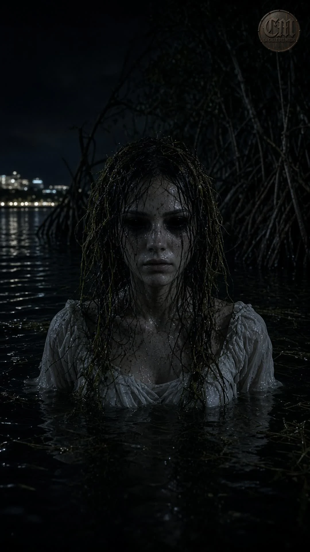 La mujer de Nichupté de frente en el manglar, de noche