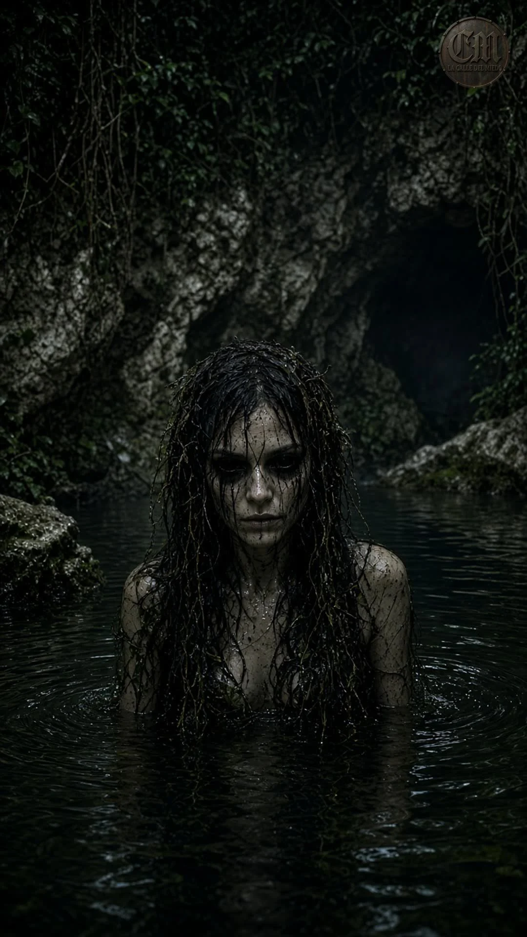 La sirena de la Huasteca de frente en el manantial, de noche