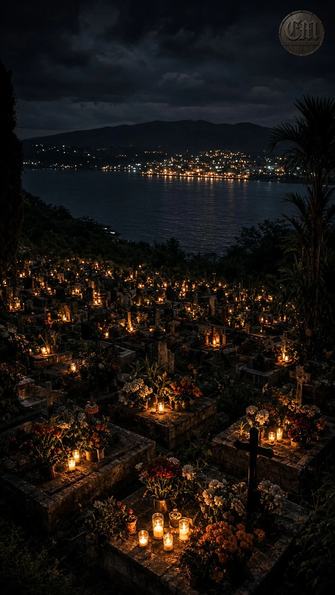 Isla de Janitzio en el lago de Pátzcuaro, con la cuesta de casas, el panteón de ladera y el monumento a Morelos en la cima.